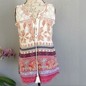 JENNIFER TAYLOR multicolor boho print lace yoke festival sleeveless tie neck top